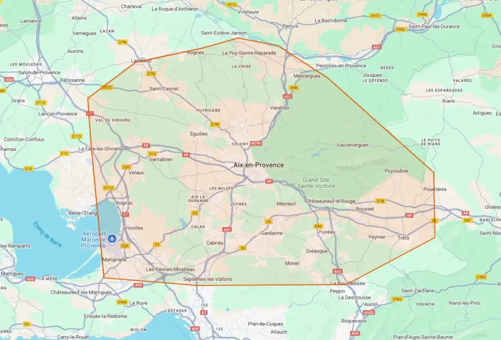 Carte Google montrant la zone de chalandise de Doc Bike Service autour d’Aix-en-Provence